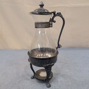 Sheridan Silver Plated Glass Carafe with Ornate Warming Stand Vintage Beverage